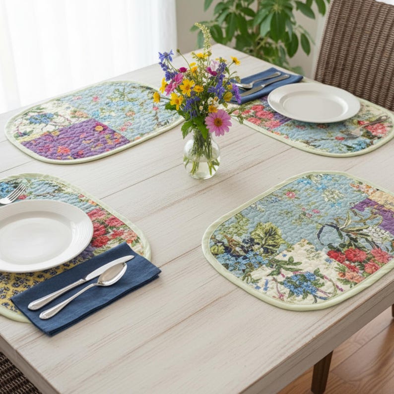 Set of 6 quilted patchwork placemats featuring a colorful floral and paisley design. Rectangular cotton table linens styled on a dining table, perfect for farmhouse, cottage, or bohemian kitchen decor.