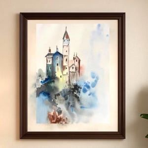 Watercolor Castle Art Print | Misty Clouds Illustration (Digital Download)