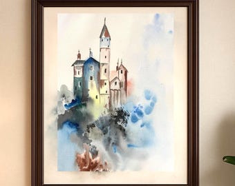 Impresión artística de un castillo en acuarela / Ilustración de nubes brumosas (descarga digital)