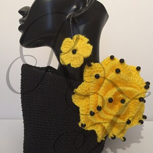 Crocheted Yellow Rose with Black Beads Brooch and Flower Earrings