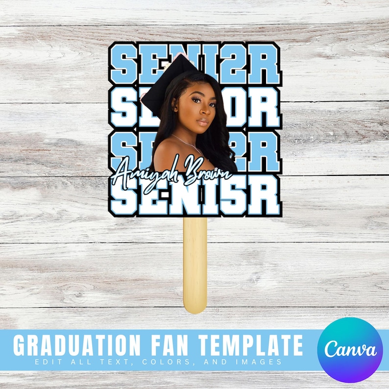 May include: A graduation fan template with a blue and white design. The text "SENTER" is repeated four times, with the name "Aminah Brown" in the middle. The template is designed to be personalized with a photo and text.