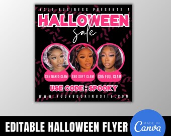 DIY Editable Pink Halloween Sale Flyer, Canva Template, Hair Stylist Flyer, Halloween Flyer, Nail Tech, Makeup Artist, Social Media Template
