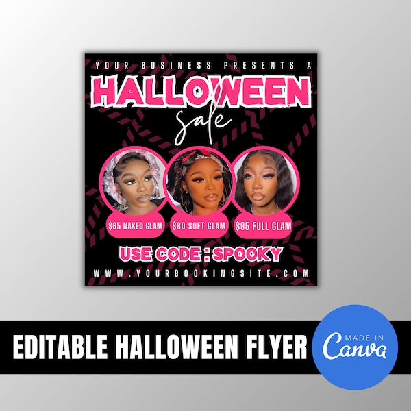 DIY Editable Pink Halloween Sale Flyer, Canva Template, Hair Stylist Flyer, Halloween Flyer, Nail Tech, Makeup Artist, Social Media Template