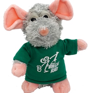 May include: Gray plush rat wearing a green t-shirt with a white graphic of a rat with the text "Bilge Rat" on it.