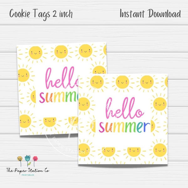 Happy Summer Printable Square Cookie Tag 2 in, Sunshine Cookie Tag, Instant download, cookie packaging, Yellow Sun cookie tag