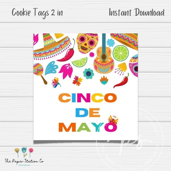 Cinco de Mayo Printable Square Cookie Tag 2 in, Spring Cookie Tag, Instant download, cookie packaging, Party cookie tag, Fiesta cookies