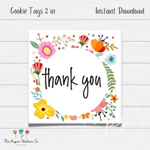 Thank You Printable Square Cookie Tag 2 in, cookie packaging, flower cookies, teacher appreciation tag gift, friend cookie tags, nurse tags