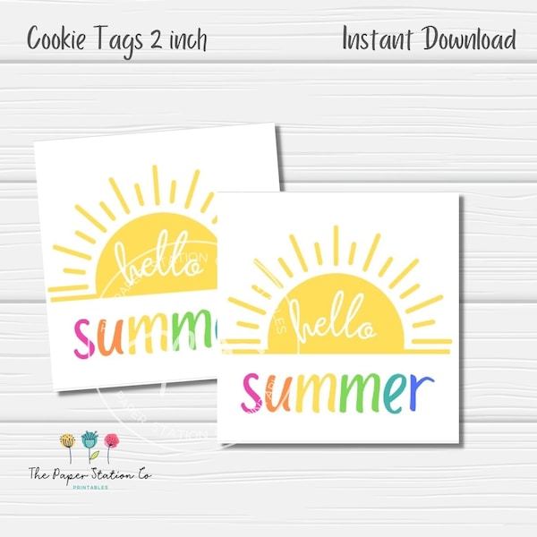 Hello Summer Printable Square Cookie Tag 2 in, Sunshine Cookie Tag, Instant download, cookie packaging, Yellow Sun cookie tag