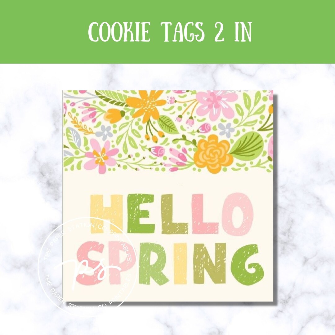 Spring Stickers For Cookies Printable Square Hello Spring Cookie Tag 2 In, Easter Cookie Tag, Gift ...