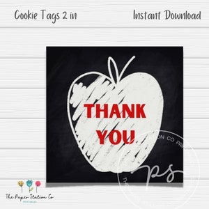 Thank You Printable Square Cookie Tag 2 in, cookie packaging, pencil cookies, teacher appreciation tag gift, apple cookie tags