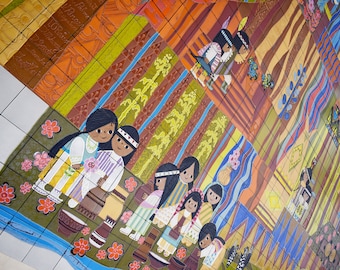 May include: A colorful tile mural depicting a group of children wearing traditional clothing. The mural features a variety of colors, including blue, green, yellow, and red. The children are standing in front of a background of trees and flowers. The mural is made of ceramic tiles and is a beautiful example of folk art.