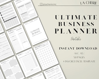 May include: A black and white printable business planner with the text "ULTIMATE BUSINESS PLANNER" and "Printable" in a cursive font. The planner includes daily, weekly, monthly, and yearly pages. It also includes an invoice excel template. The planner is available in A4 and A5 sizes.