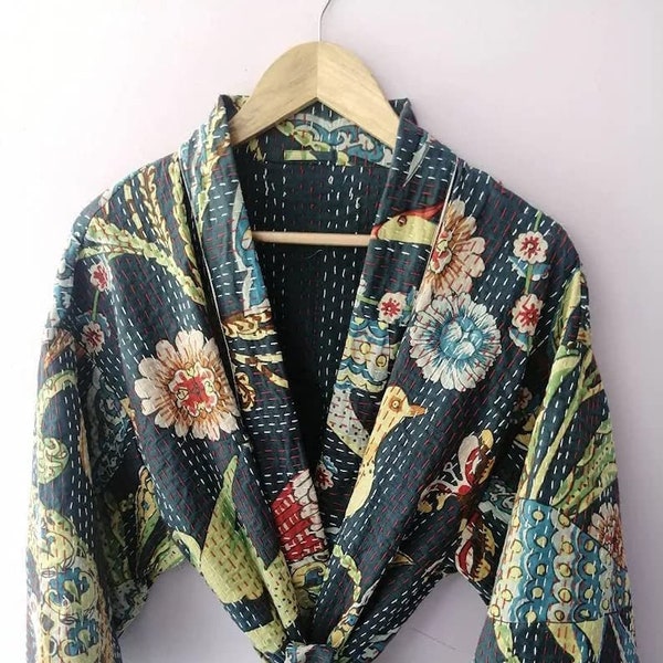 Kimono indien Kantha, peignoir, kimono japonais, robe kimono Kantha, cardigan kimono, robe de plage en coton, kimono à fleurs, robes de demoiselle d'honneur