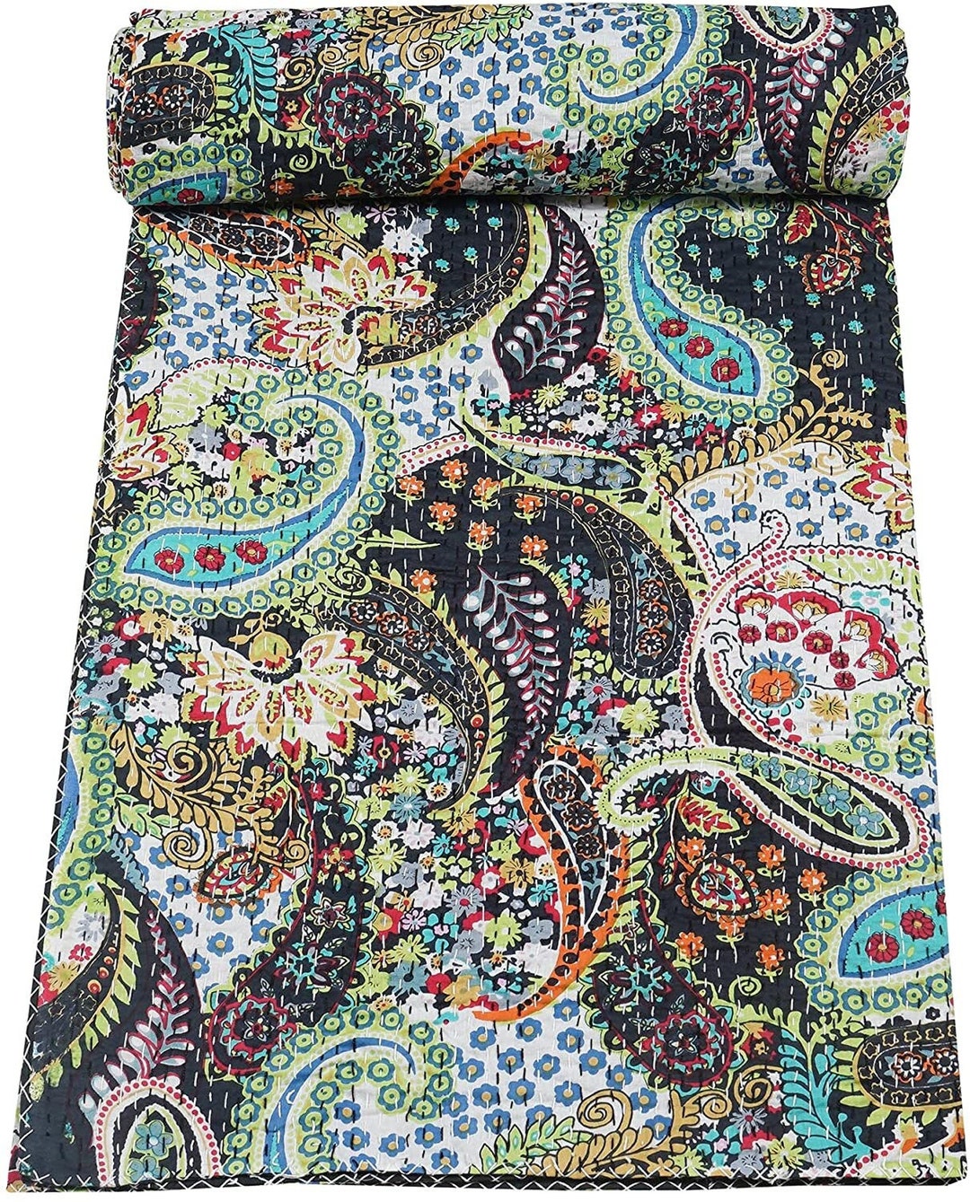 Indian Paisley Print Cotton Quilt Block Print Bedcover Bedspread Quilt