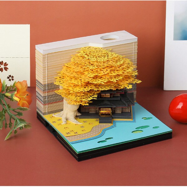 Notepad 3D with light weight, cute transparent non-stick paper strips colorful cherry blossom tree house , , New Year's gift，Christmas Gift