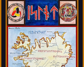 May include: A watercolor painting of a map of Iceland with red and blue runes, a compass, and a mountain range in the bottom right corner. The map is labeled with place names in Icelandic.