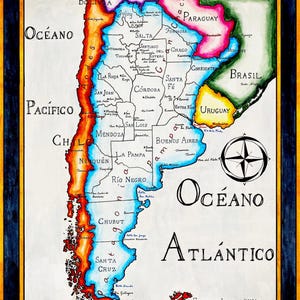 Argentina Wall Map Print – Hand-Painted Southern Cone, Patagonia Art (Spanish)