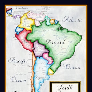 Carte des endonymes de l'Amérique du Sud ; Aquarelle de l'Amérique du Sud