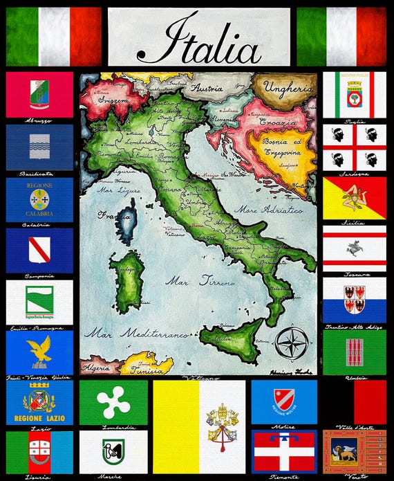 手描きのイタリア地図プリント：イタリアの地域と国旗 - Etsy 日本
