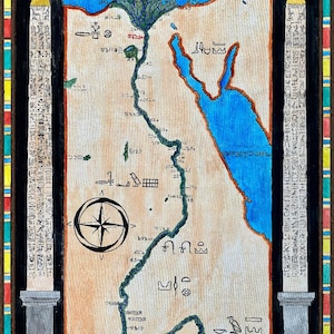 Puede incluir: Un mapa dibujado a mano del antiguo Egipto con un río Nilo azul, un delta verde y un mar Rojo azul. El mapa está rodeado por un borde decorativo con jeroglíficos y una rosa de los vientos. El texto "Harrison Hooks" está en la esquina inferior derecha.