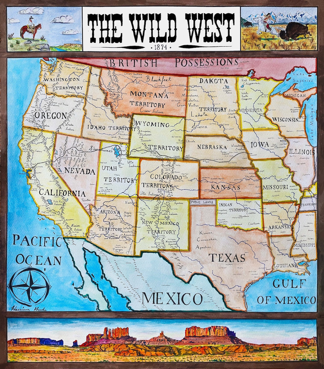 Wild West Map Historical Western States American Frontier Etsy India