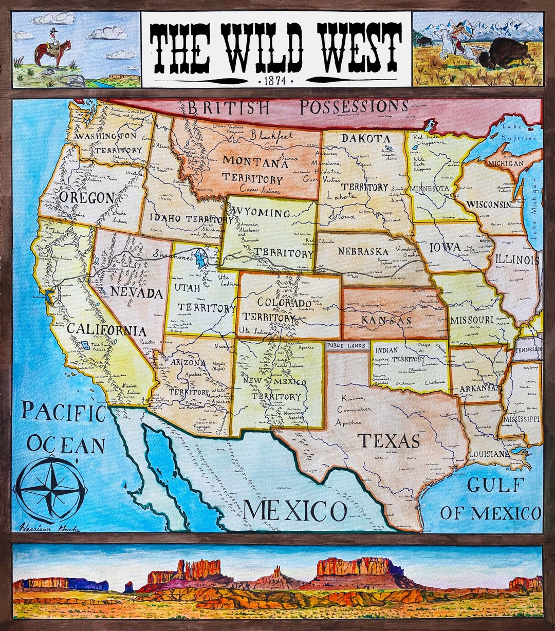 Wild West Map Historical Western States American Frontier Etsy India