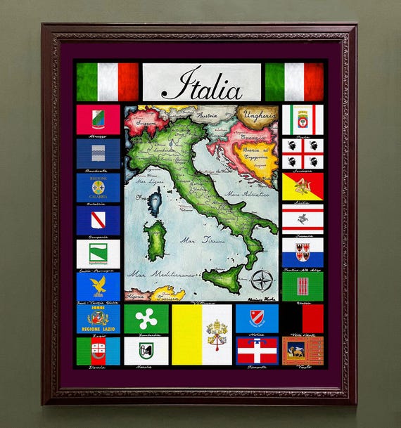 手描きのイタリア地図プリント：イタリアの地域と国旗 - Etsy 日本