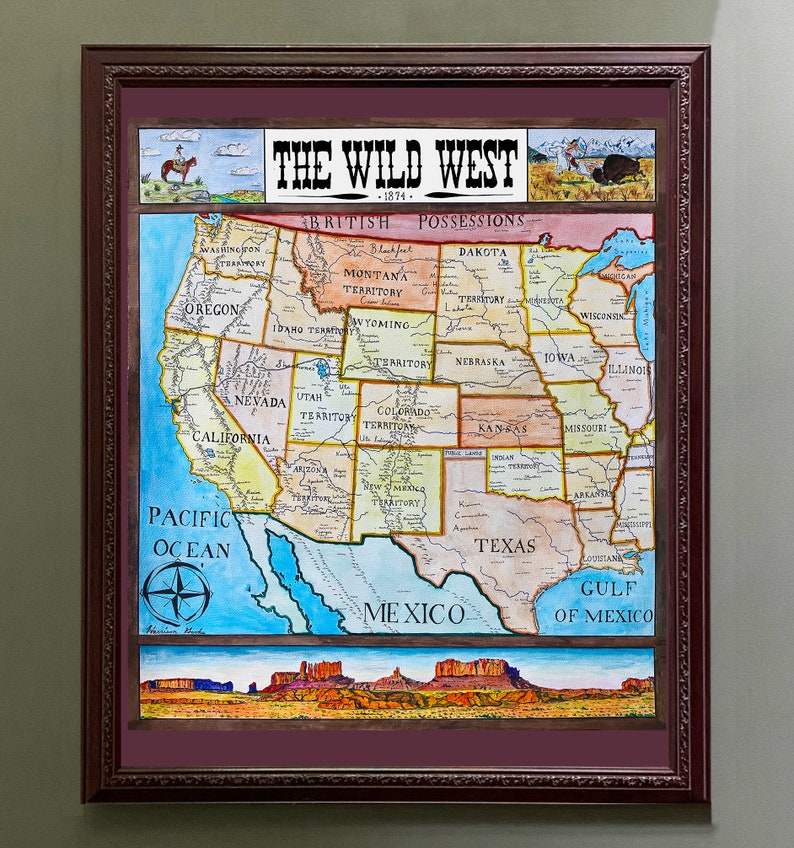 Wild West Map Historical Western States American Frontier 1874 Etsy