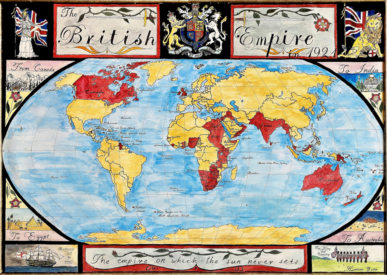 1921 British Empire Map Print – Hand-painted Historical World Map Wall