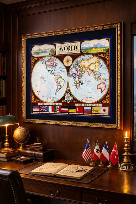 1904年 二半球世界地図 – アンティーク歴史版画、ヴィンテージ帝国壁画