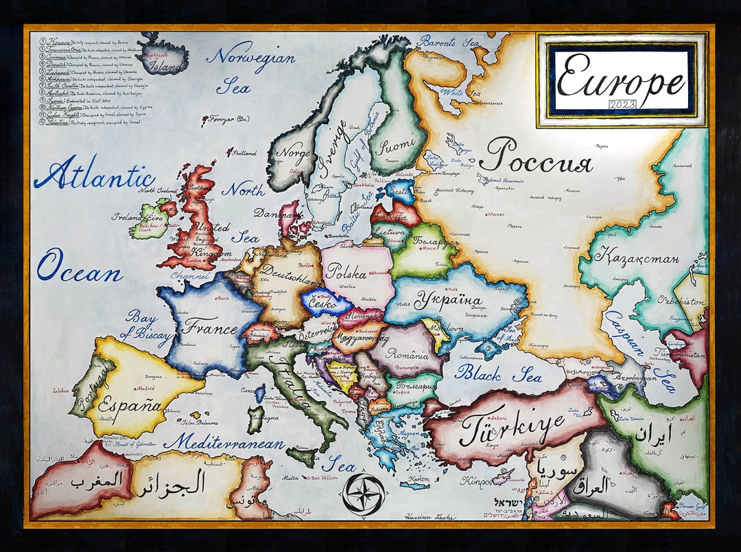 Handpainted Europe Map: Native Languages, Border Disputes - Etsy