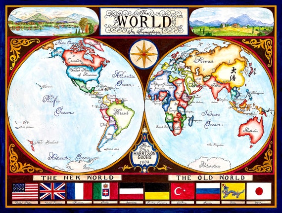 1904年 二半球世界地図 – アンティーク歴史版画、ヴィンテージ帝国壁画