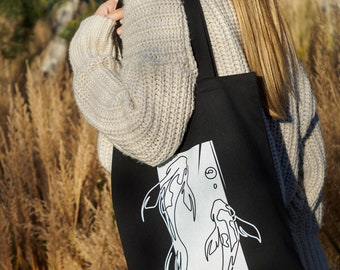 Black koi carp canvas tote bag, eco friendly reusable shopping bag, hand printed cotton tote