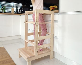 Torre didattica per bambini Legno di pino 90x40x53 cm Aiutante da cucina Montessori a 3 gradini 100% legno