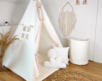 Tienda Teepee  para niños en color crema, estilo, con colchoneta de algodón/MINKY de doble cara, 3 cojines,110x110x150cm y estabilizador