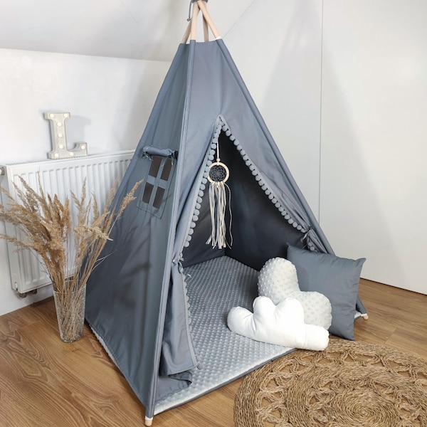 Tent wigwam for children gray in BOHO style PREMIUM with double sided cotton mat pompoms 3 cushions 110x110 stabiliserx150 cm Teepee