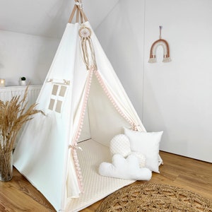 Tienda Teepee para niños en color crema, estilo, con colchoneta de algodón/MINKY de doble cara, 3 cojines,110x110x150cm y estabilizador imagen 4