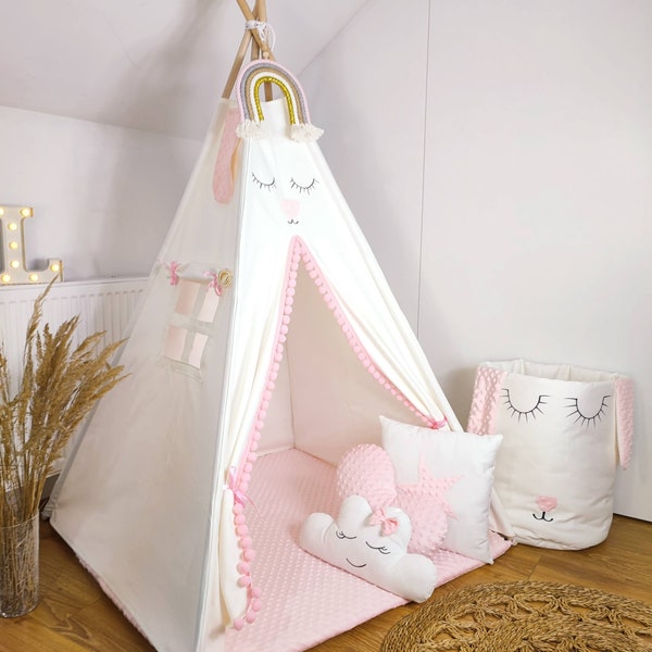Tipi tente  pour enfants crème/rose PREMIUM avec un tapis double face en coton et Minky,  pompons, 3 coussins, 110x110x150 cm,stabilisateur.