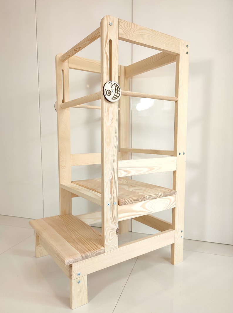 Tour d'apprentissage pour enfants en pin, 90x40x53 cm, 3 étapes, aide de cuisine Montessori en bois à 100% Premium white discs