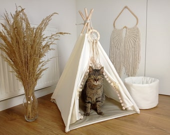 PERSONALIZED Tipi in cream/beige pompons two-coloured mat 54 × 54 x 81 cm + toy basket 23x30cm Dog or cat house