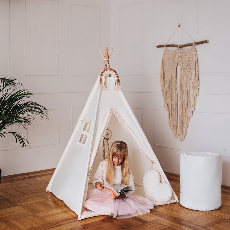 Tienda Teepee para niños en color crema, estilo, con colchoneta de algodón/MINKY de doble cara, 3 cojines,110x110x150cm y estabilizador imagen 2