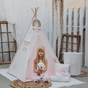 Tipi for children, gift for girl, gift for boy, cream / pink star + 3 cushions + toy basket + mat,110x110x150 cm Teepee, tent, handmade