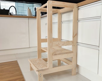 Tour d'apprentissage pour enfants STANDARD en bois de pin 90x40x53cm, aide de cuisine Montessori en 3 étapes 100% bois