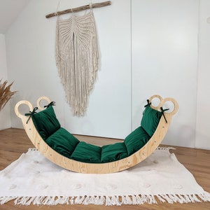 Kletterbogen 105x40x50cm Bow Rocker Kinder Spielleiter Premium Montessori Sperrholz Wiege Plüschmatte Arch+Green mat