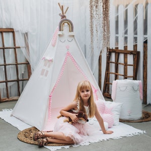 Teepee, Tipi, tent for children, gift for girl, gift for kids, cream/pink, double sided mat pompoms 3 cushions 110x110x150 cm stabiliser