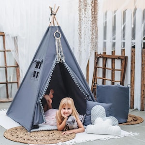Tent for children, gift for boy, BOHO style PREMIUM with double-sided cotton mat, pompoms, 3 cushions  teepee, handmade