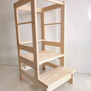 Tour d'apprentissage pour enfants en pin, 90x40x53 cm, 3 étapes, aide de cuisine Montessori en bois à 100% Standard Plus