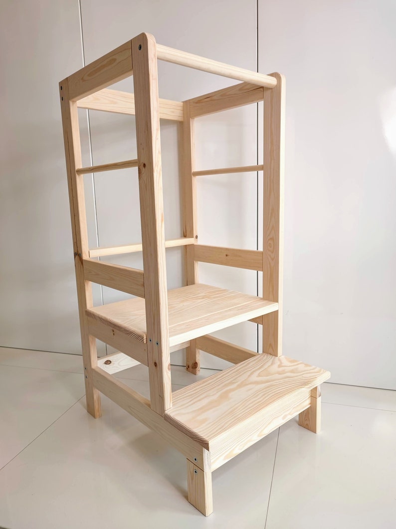 Tour d'apprentissage pour enfants en pin, 90x40x53 cm, 3 étapes, aide de cuisine Montessori en bois à 100% Standard Plus