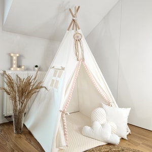 Tienda Teepee para niños en color crema, estilo, con colchoneta de algodón/MINKY de doble cara, 3 cojines,110x110x150cm y estabilizador imagen 5