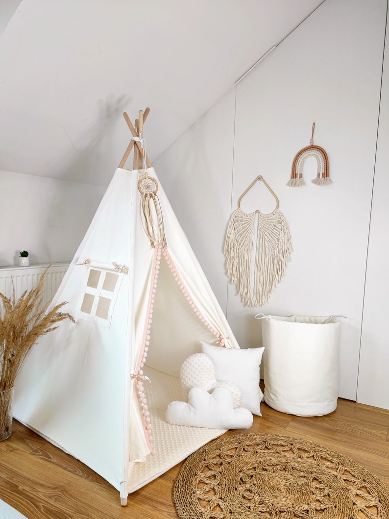 Tienda Teepee para niños en color crema, estilo, con colchoneta de algodón/MINKY de doble cara, 3 cojines,110x110x150cm y estabilizador imagen 1